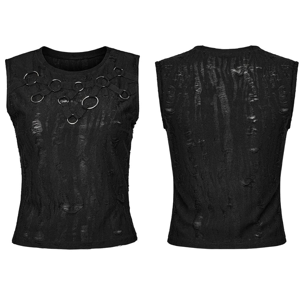 PUNK RAVE Women's Punk Ripped Strap Splice Tank Top