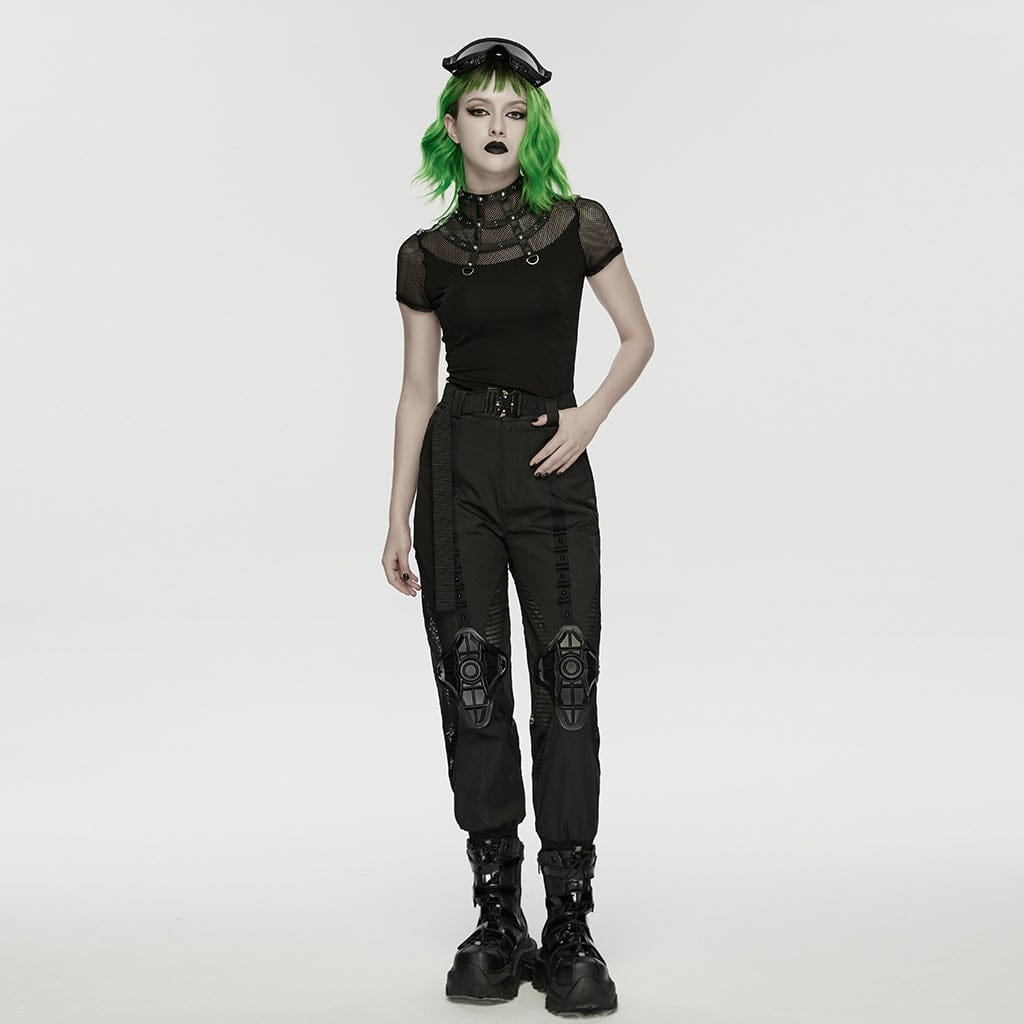 PUNK RAVE Women's Punk Rivets&Eyelets Cage Mesh Short Sleeved T-shirt