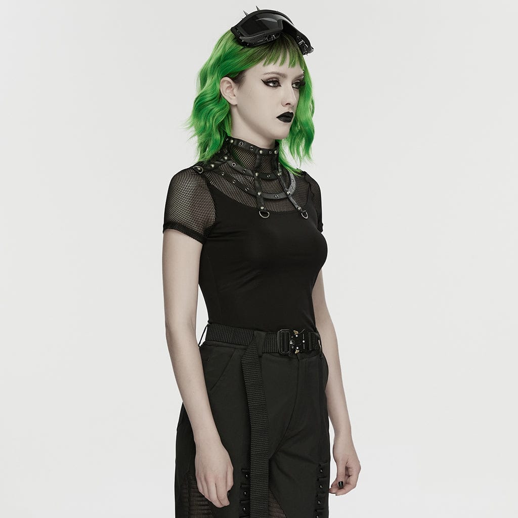 PUNK RAVE Women's Punk Rivets&Eyelets Cage Mesh Short Sleeved T-shirt