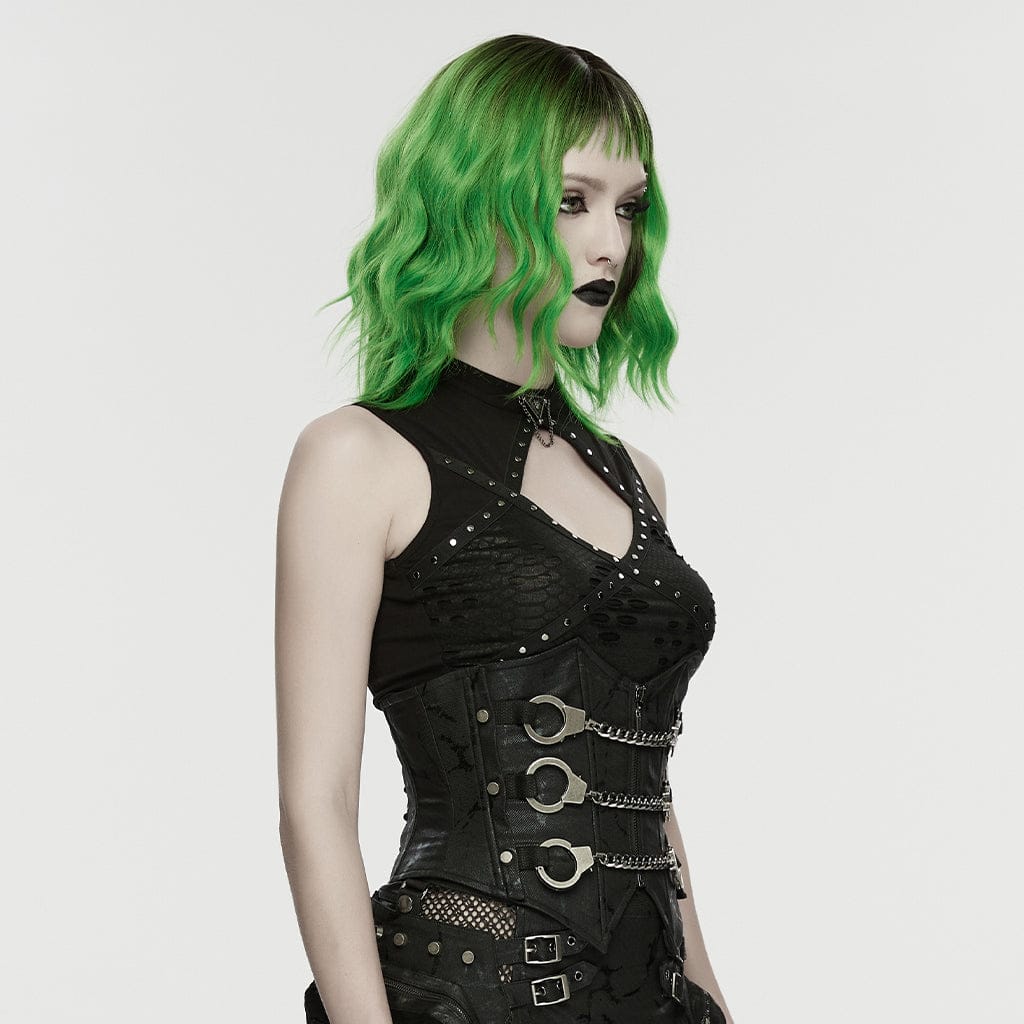 PUNK RAVE Women's Punk Rivets Handcuffs Chain Underbust Corset