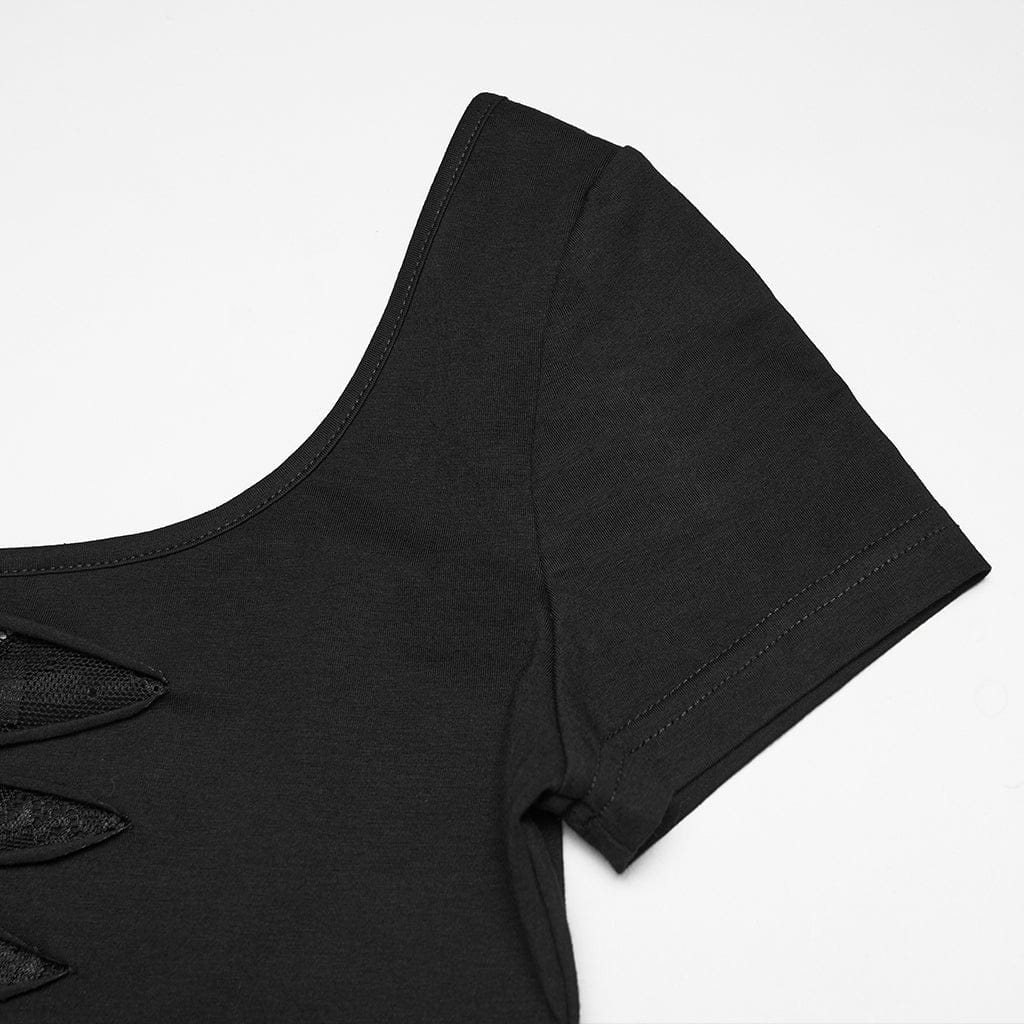 PUNK RAVE Women's Punk Rivets Sheer Short Sleeved Tee