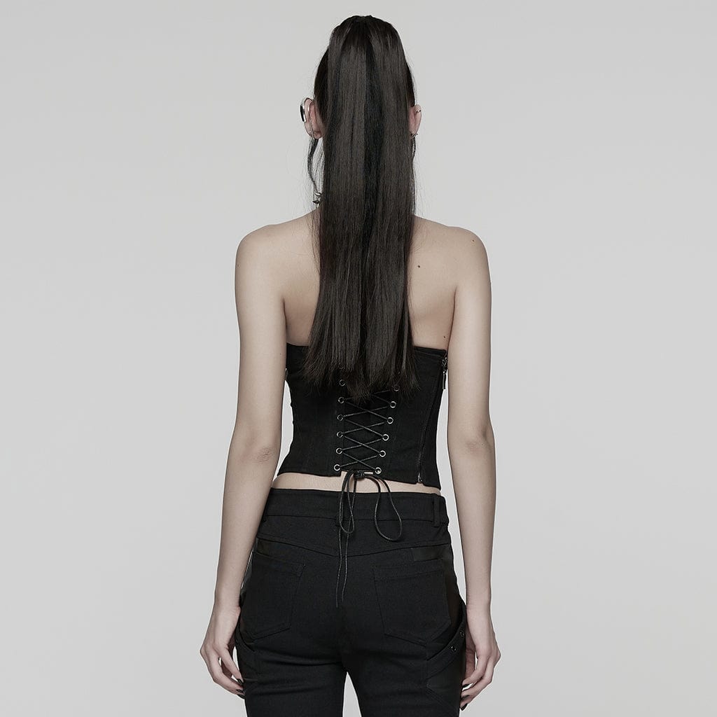 PUNK RAVE Women's Punk Ruched Lace-up Side Zipper Bustier