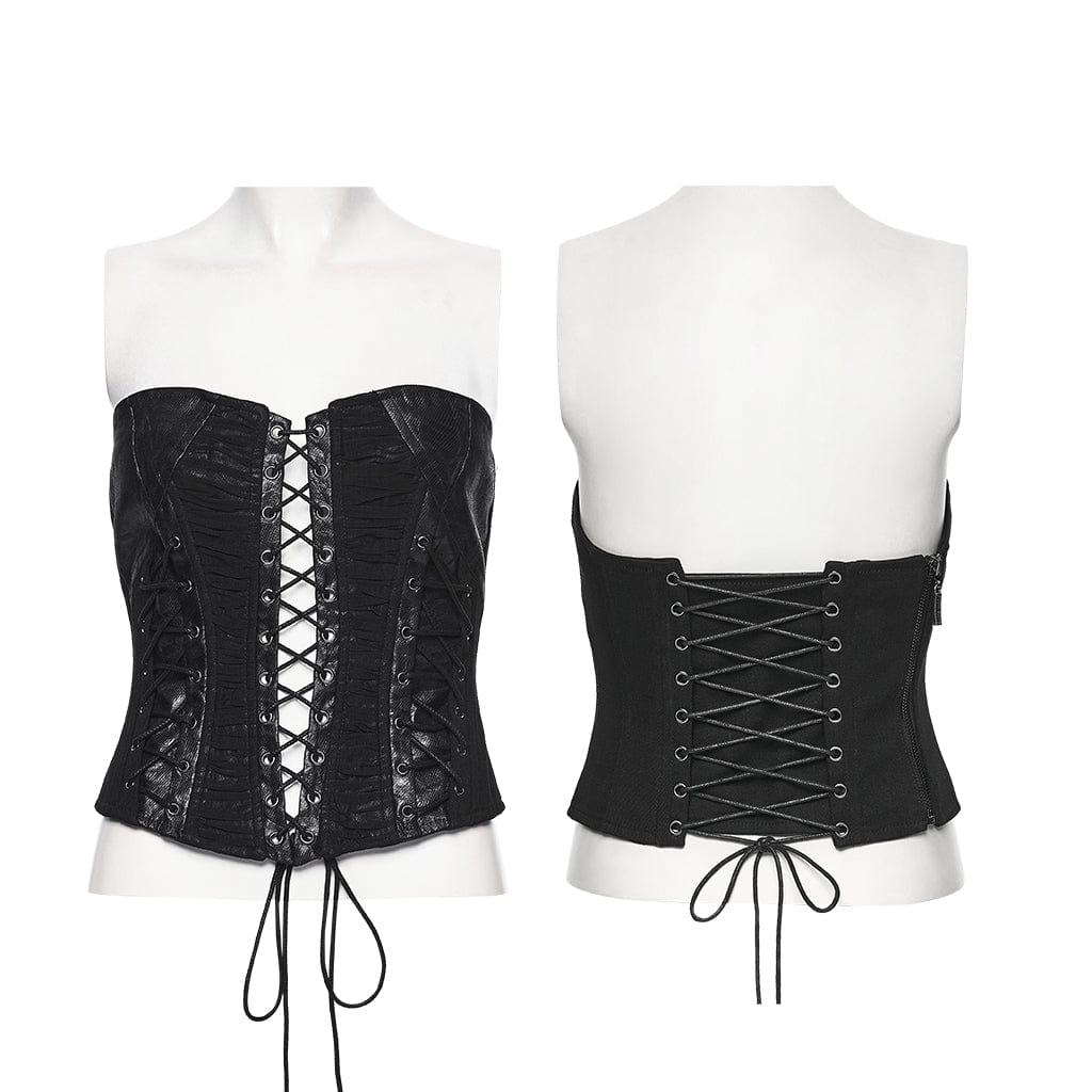 PUNK RAVE Women's Punk Ruched Lace-up Side Zipper Bustier