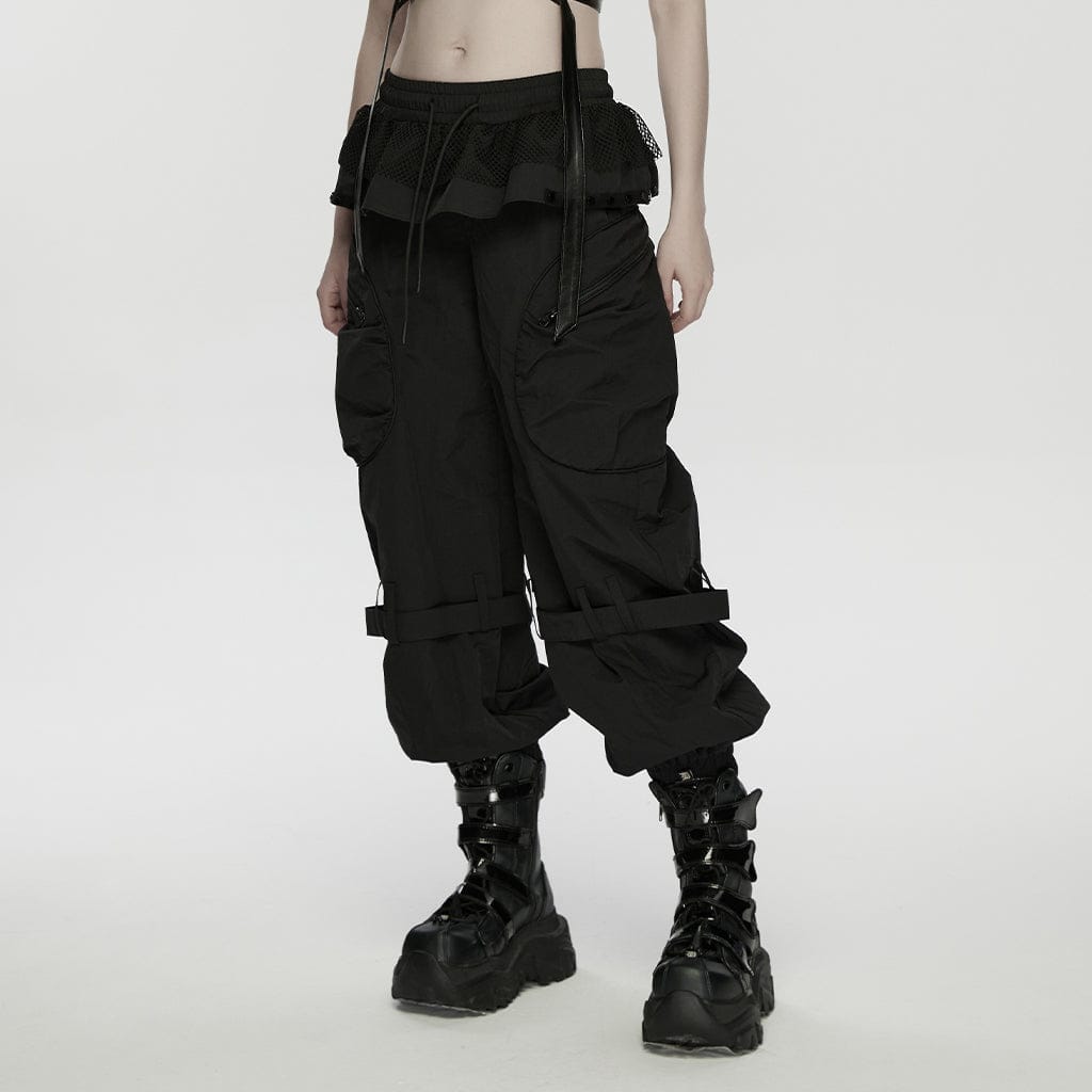 PUNK RAVE Women's Punk Ruffled Hem Big Pockets Cargo Pants