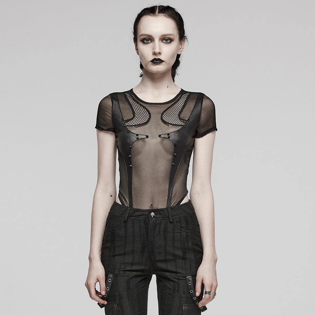 PUNK RAVE Women's Punk Sheer Stud Mesh Bodysuit