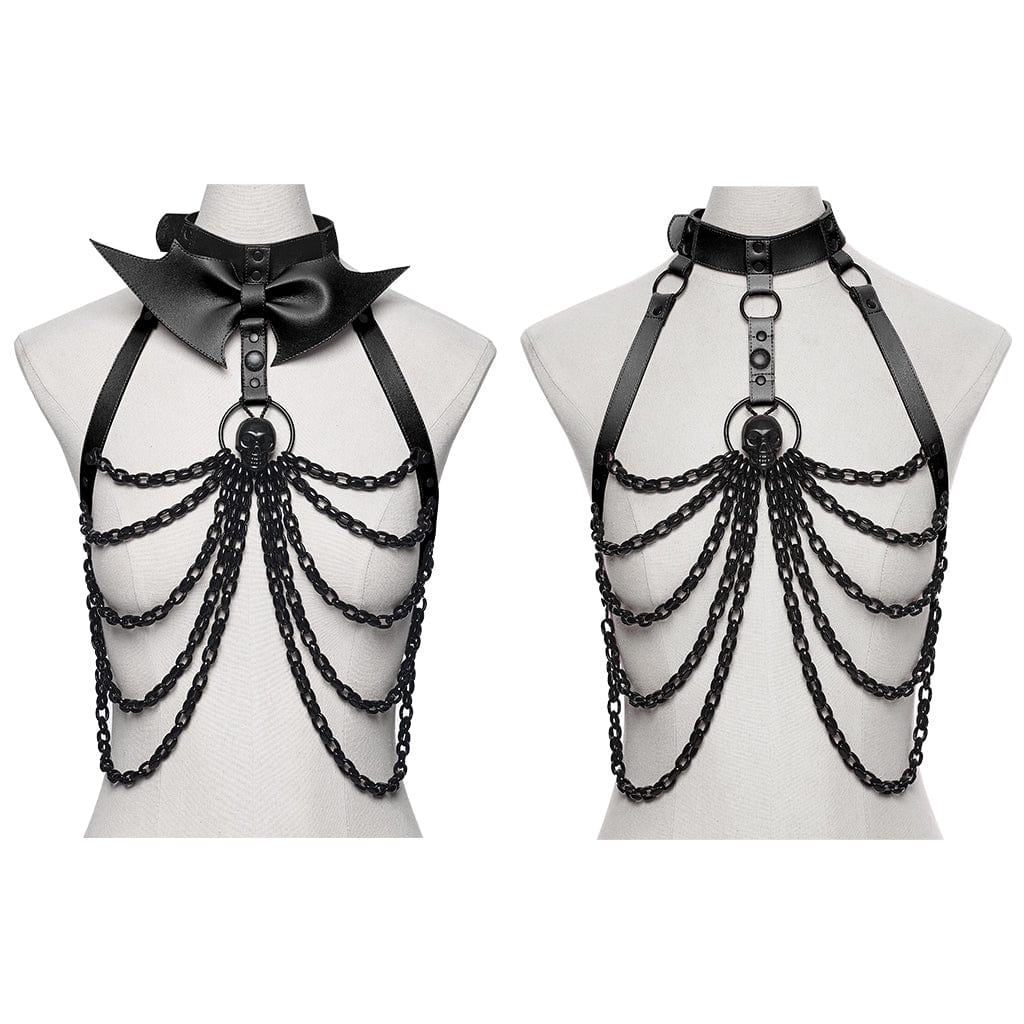 PUNK RAVE Women's Punk Skull Halterneck Chain Body Harness with Detachable Batwing Knot Black