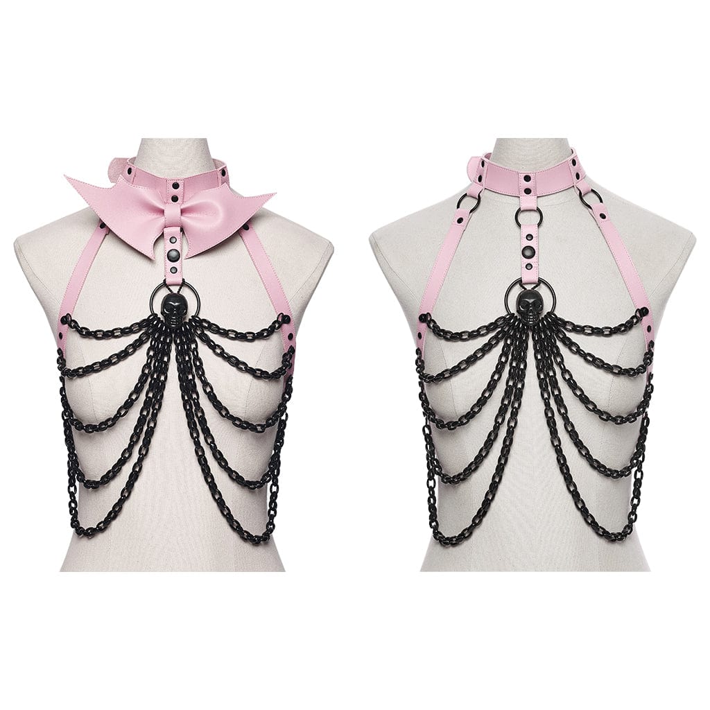 PUNK RAVE Women's Punk Skull Halterneck Chain Body Harness with Detachable Batwing Knot Black-Pink