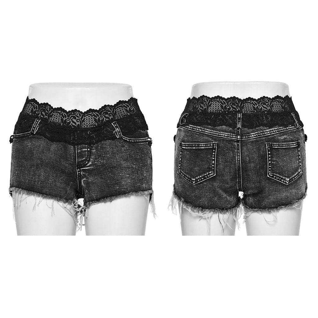 PUNK RAVE Women's Punk Skull Lace Splice Unedged Shorts
