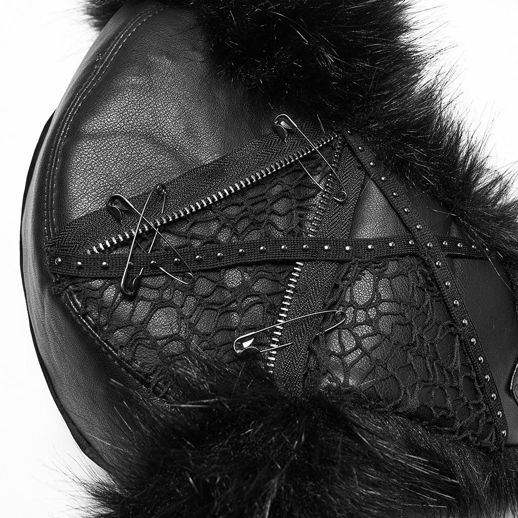 PUNK RAVE Women's Punk Skull Mesh Plush Splice Faux Leather Hat