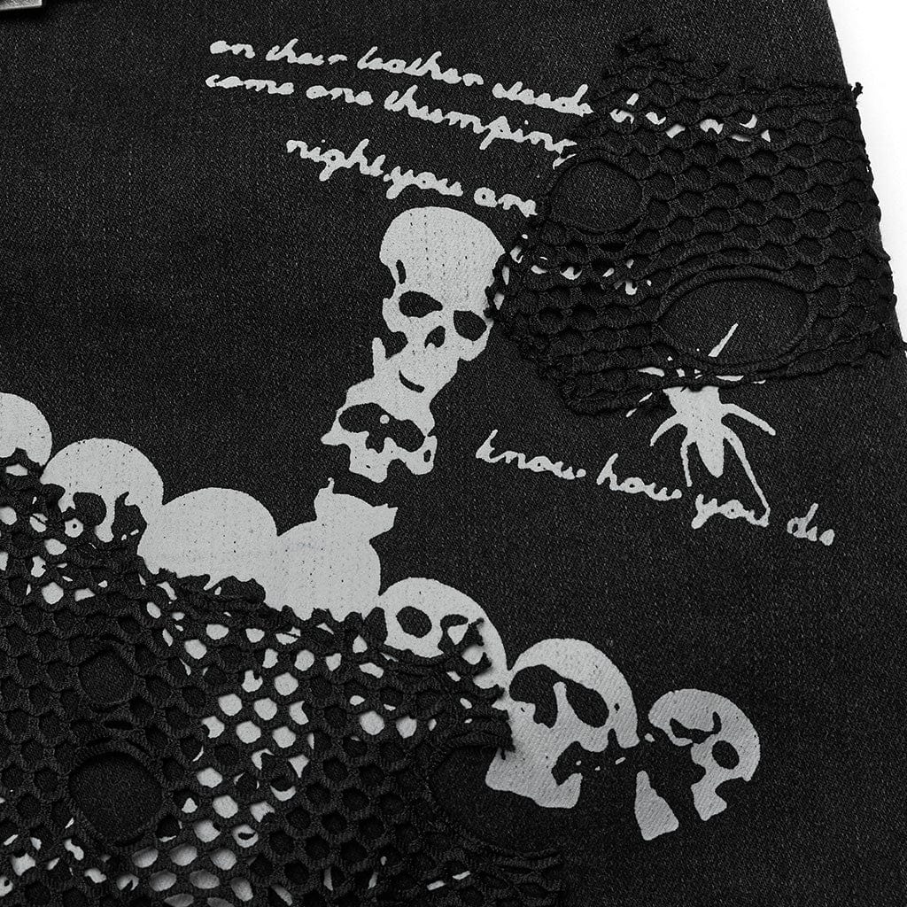 PUNK RAVE Women's Punk Skull Mesh Splice Short Skrit with Belt