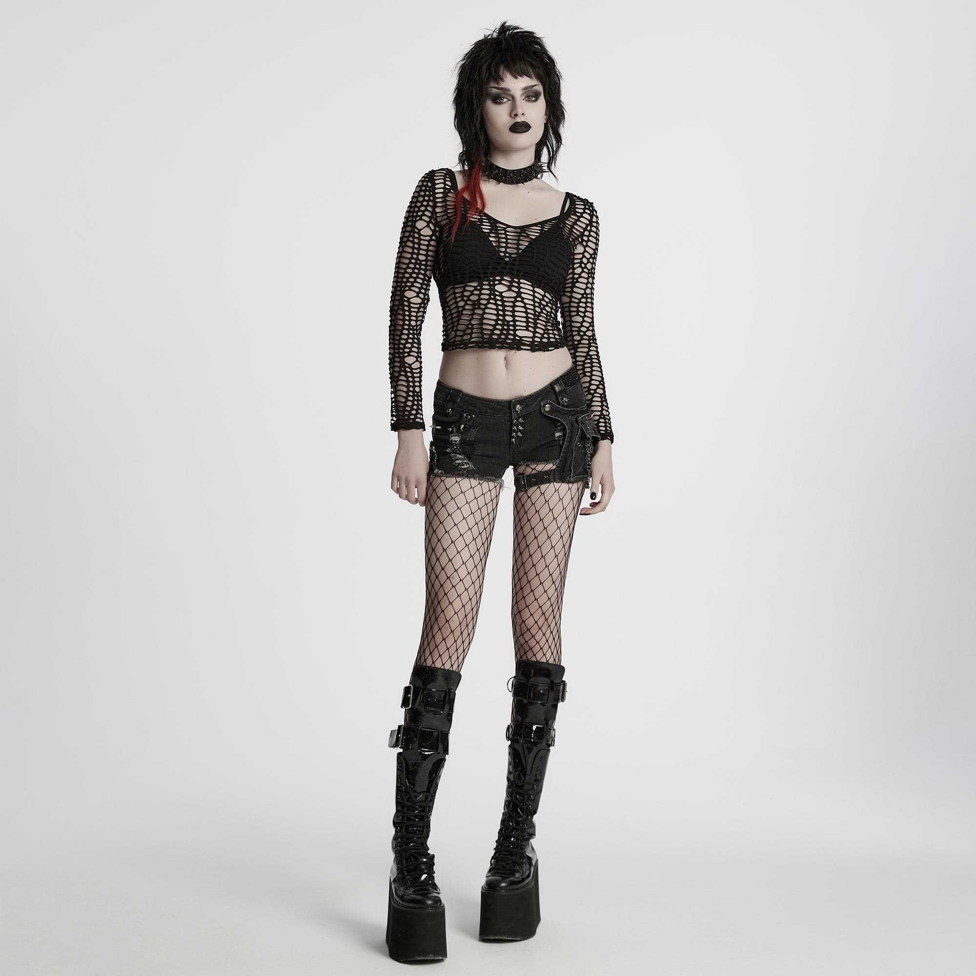 PUNK RAVE Women's Punk Skull Ripped Denim Shorts with Pocket