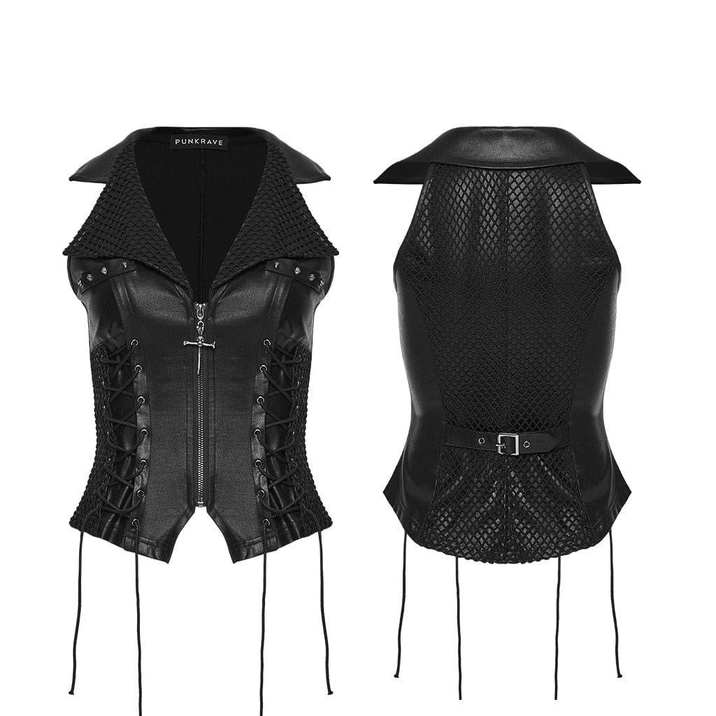 PUNK RAVE Women's Punk Skull Rivets Lace-up Turn-down Collar Vest