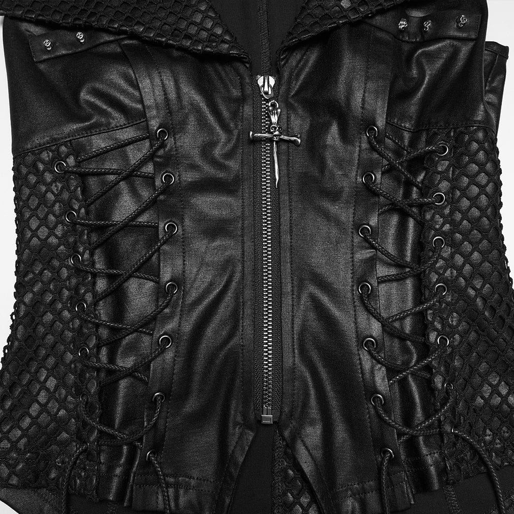 PUNK RAVE Women's Punk Skull Rivets Lace-up Turn-down Collar Vest
