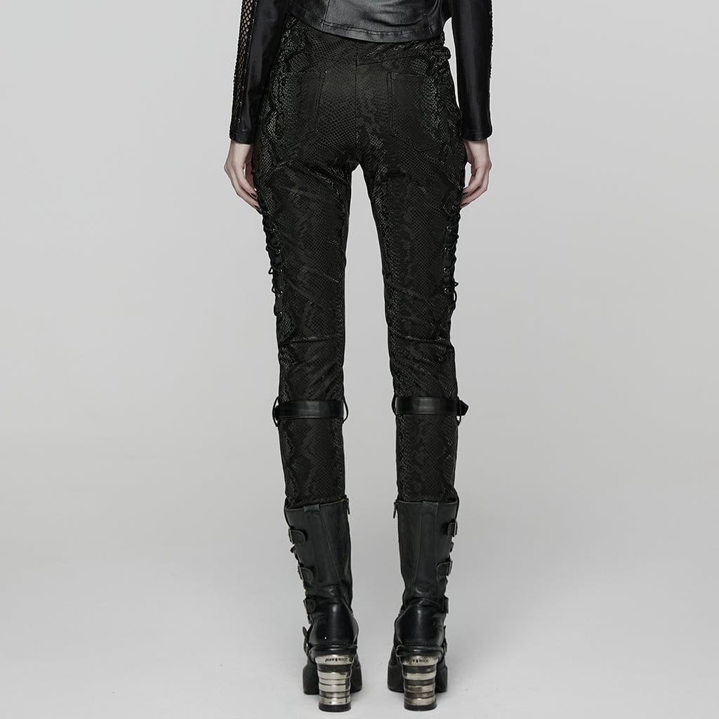 PUNK RAVE Women's Punk Snake Print Buckle Strappy Pants