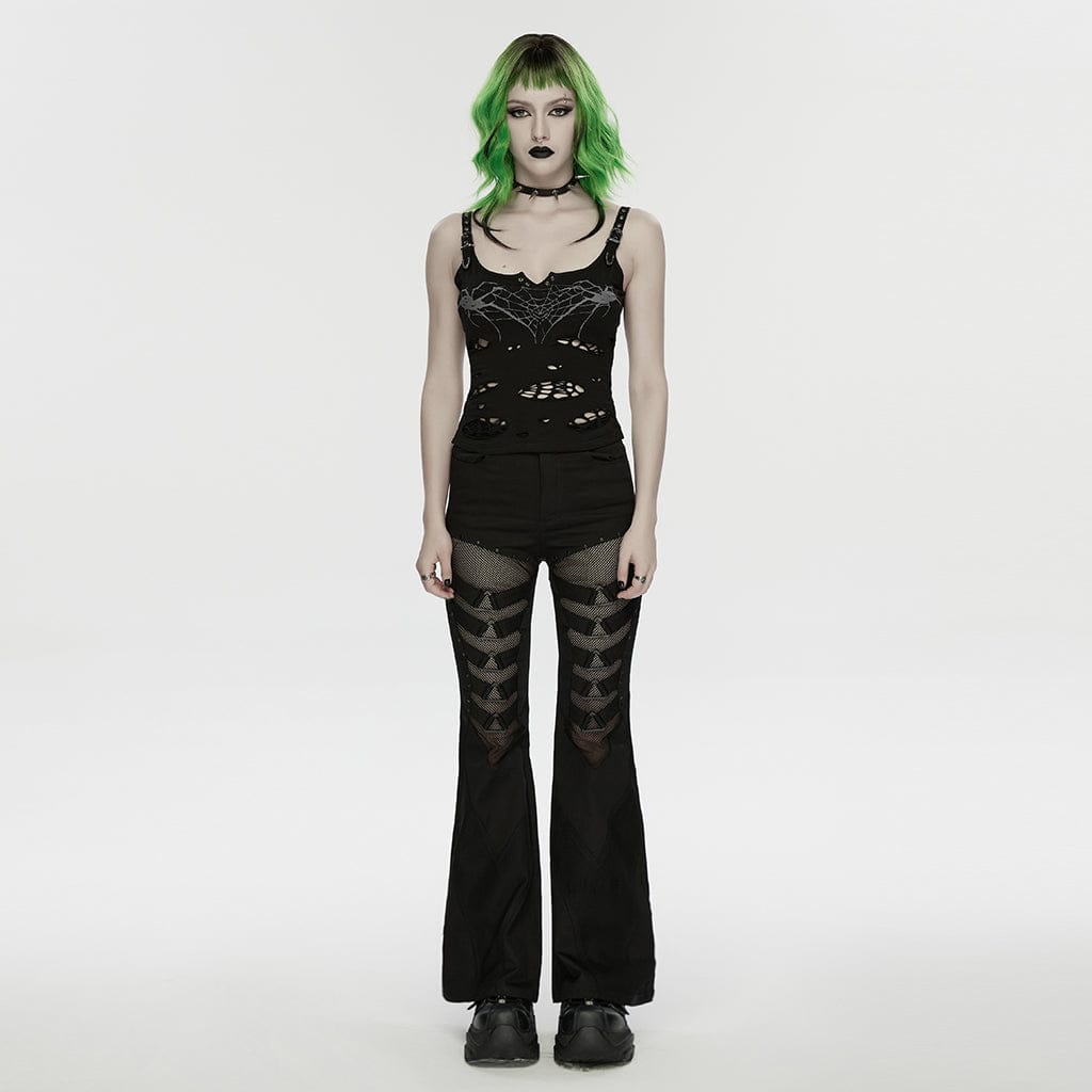 PUNK RAVE Women's Punk Spiders&Web Printed Tattered Tank Top Black