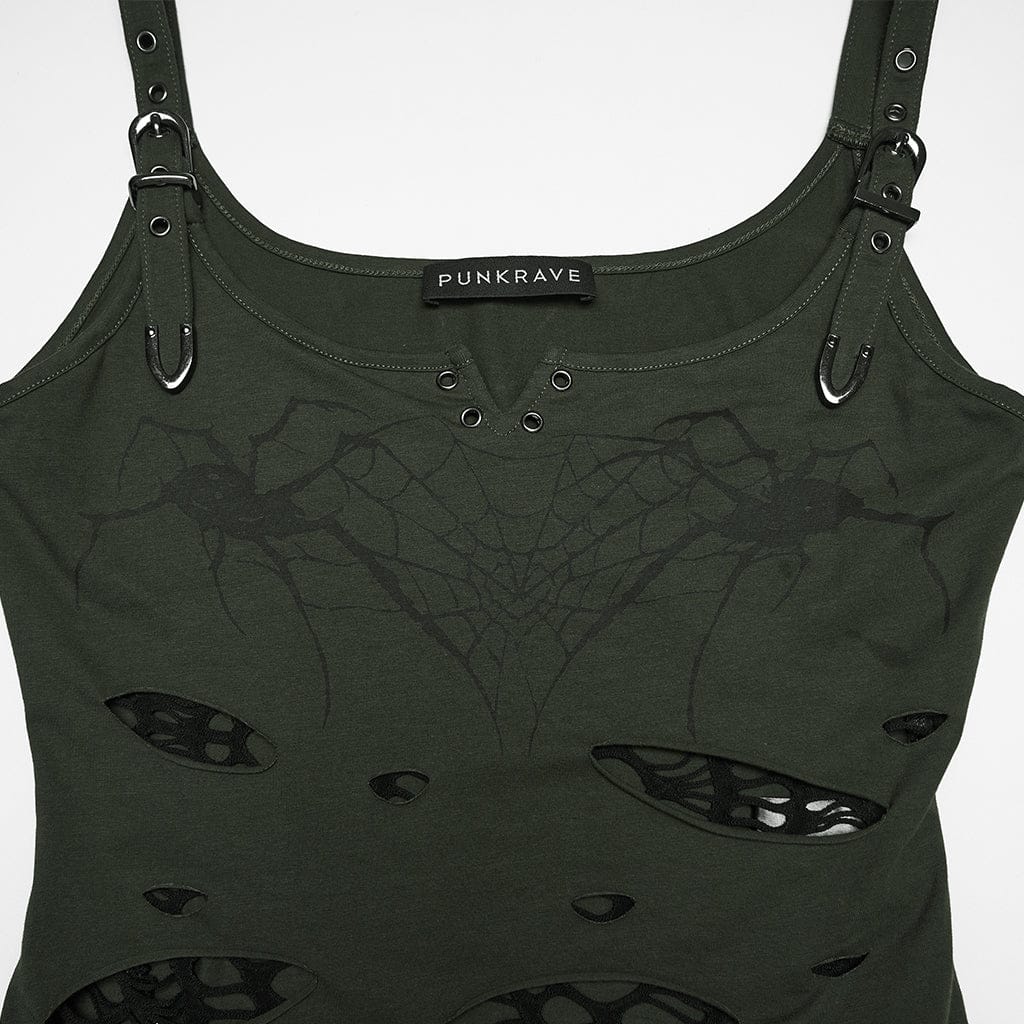 PUNK RAVE Women's Punk Spiders&Web Printed Tattered Tank Top Black-Green