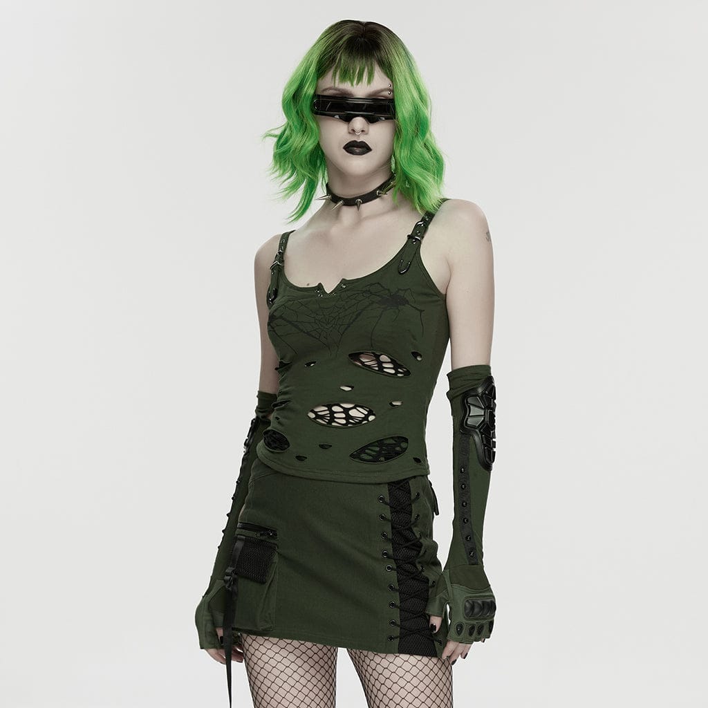 PUNK RAVE Women's Punk Spiders&Web Printed Tattered Tank Top Black-Green