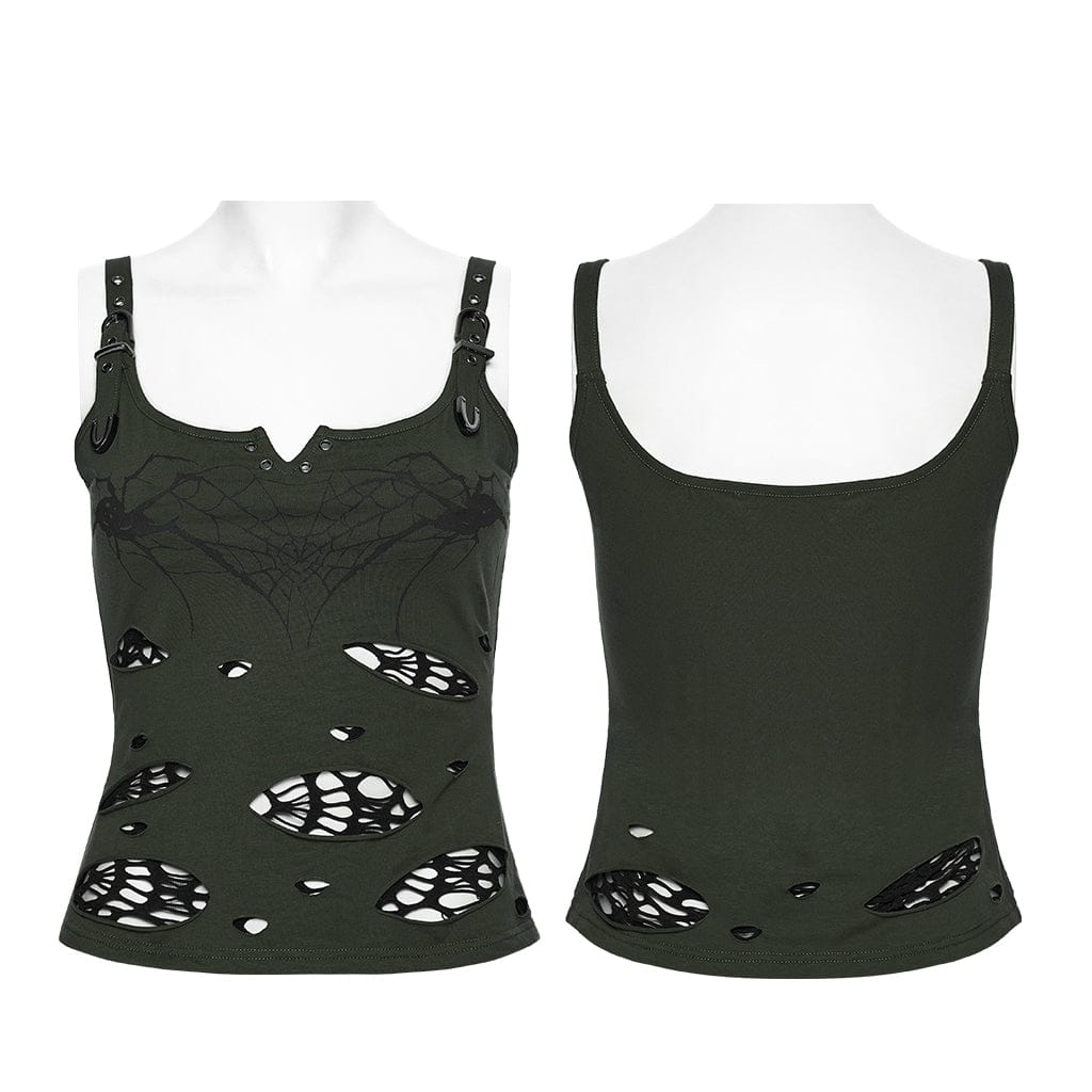 PUNK RAVE Women's Punk Spiders&Web Printed Tattered Tank Top Black-Green