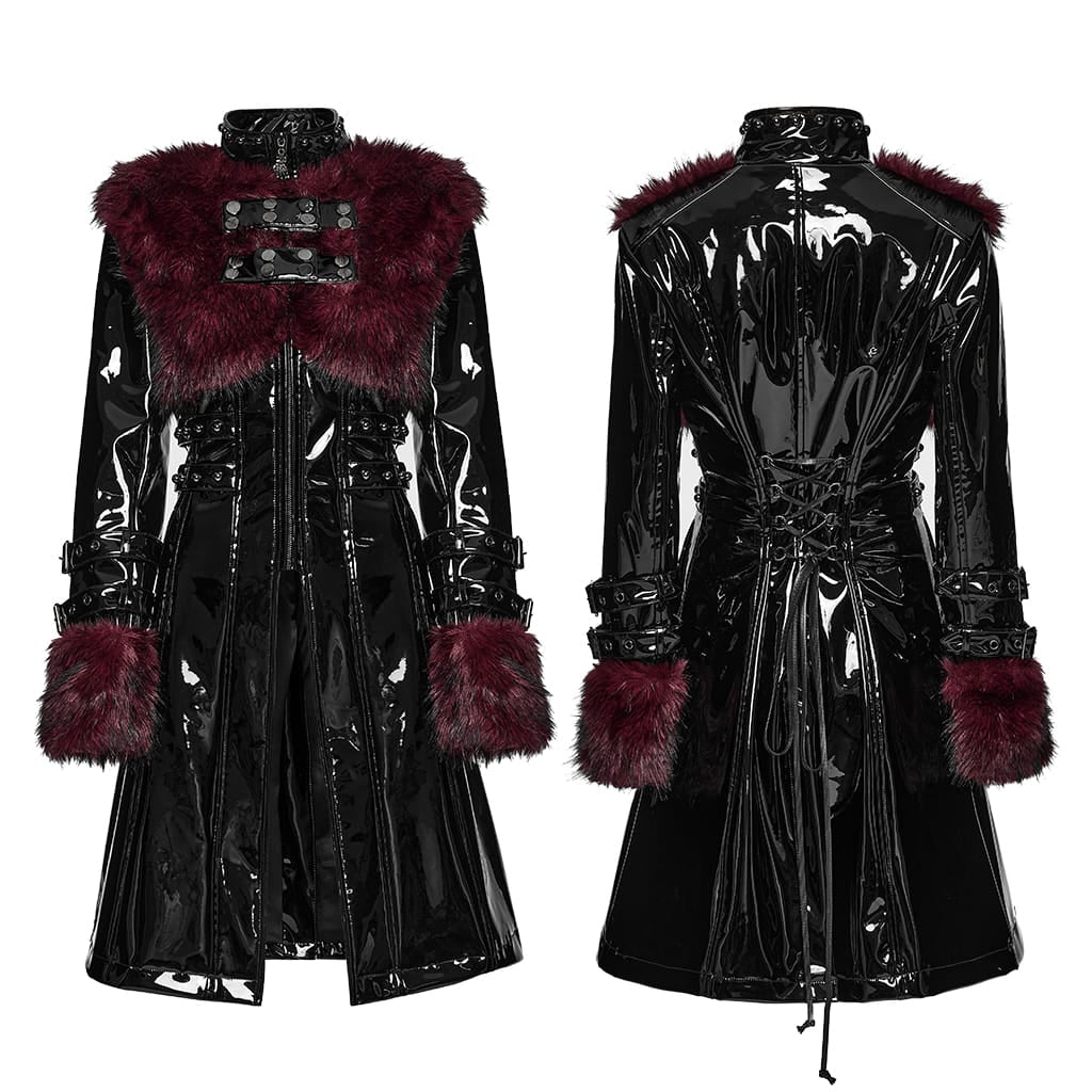 PUNK RAVE Women's Punk Stand Collar Faux Fur Panel Patent Faux Leather Long Jacket Black-Red