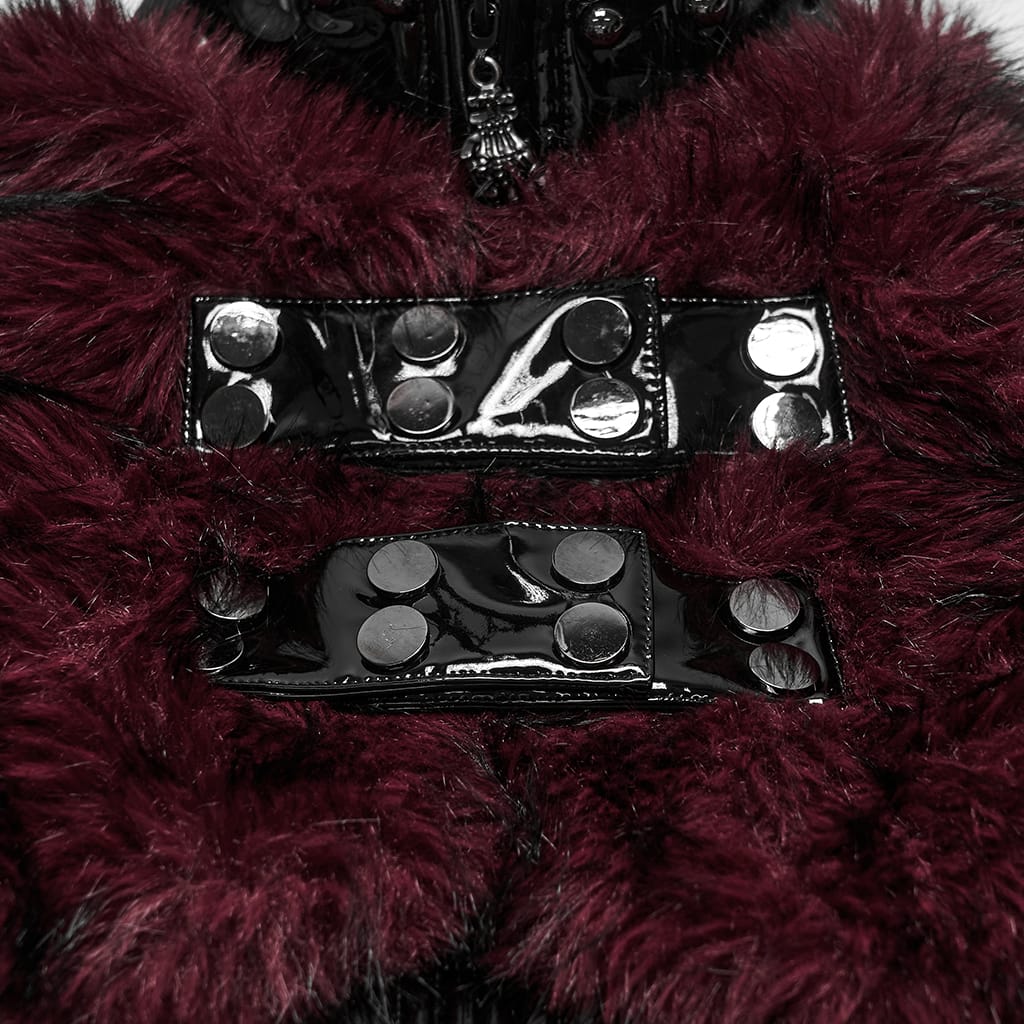 PUNK RAVE Women's Punk Stand Collar Faux Fur Panel Patent Faux Leather Long Jacket Black-Red