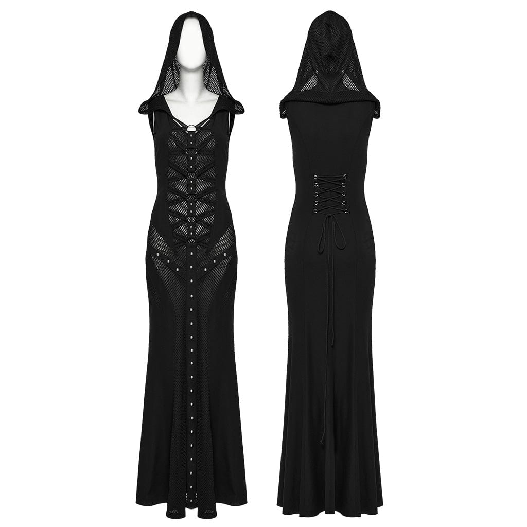 PUNK RAVE Women's Punk Strap Mesh Splice Sheer Dress with Hood
