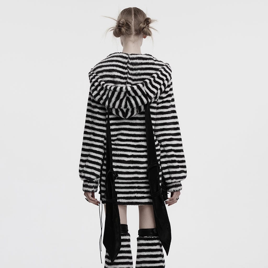 PUNK RAVE Women's Punk Striped Fluffy Hoodies with Big Ear Hood