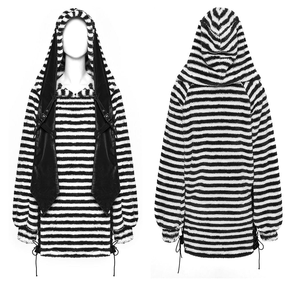 PUNK RAVE Women's Punk Striped Fluffy Hoodies with Big Ear Hood