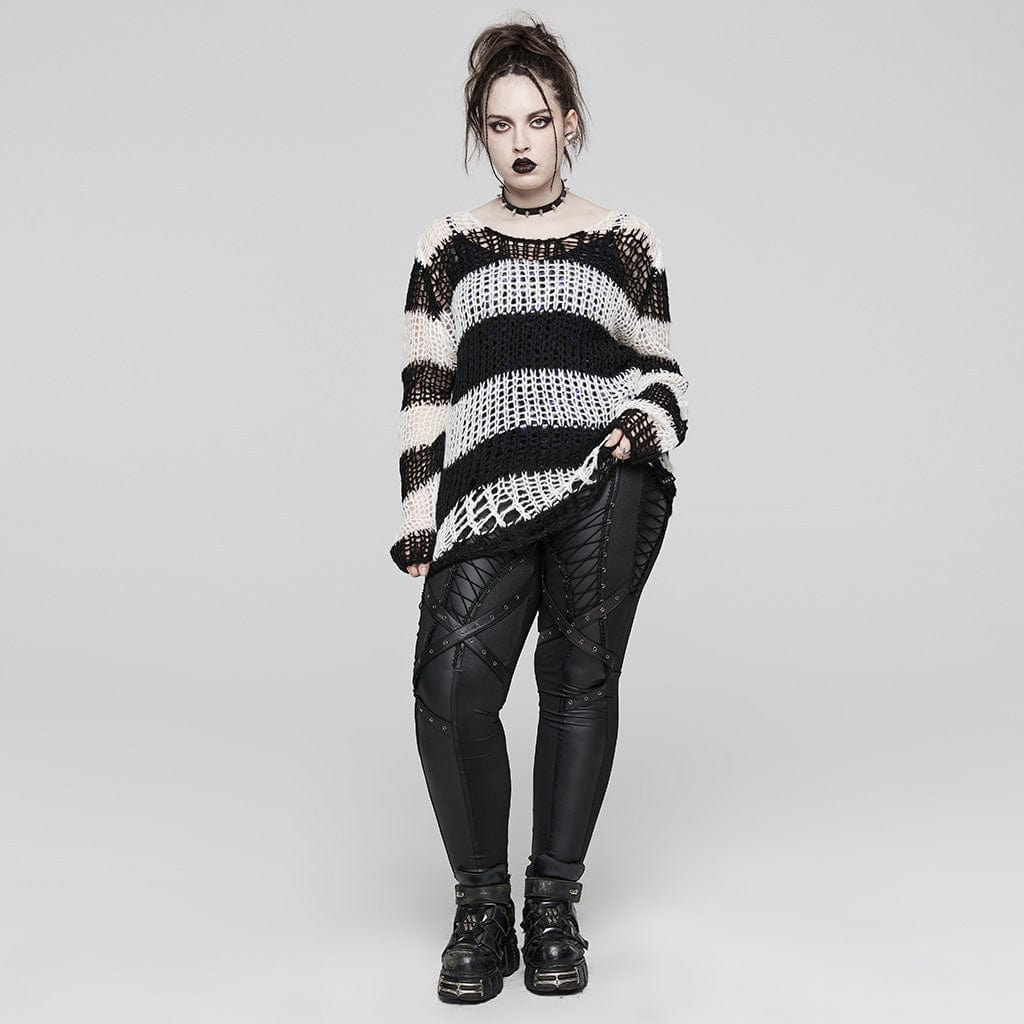 PUNK RAVE Women's Punk Striped Knitted Sweater