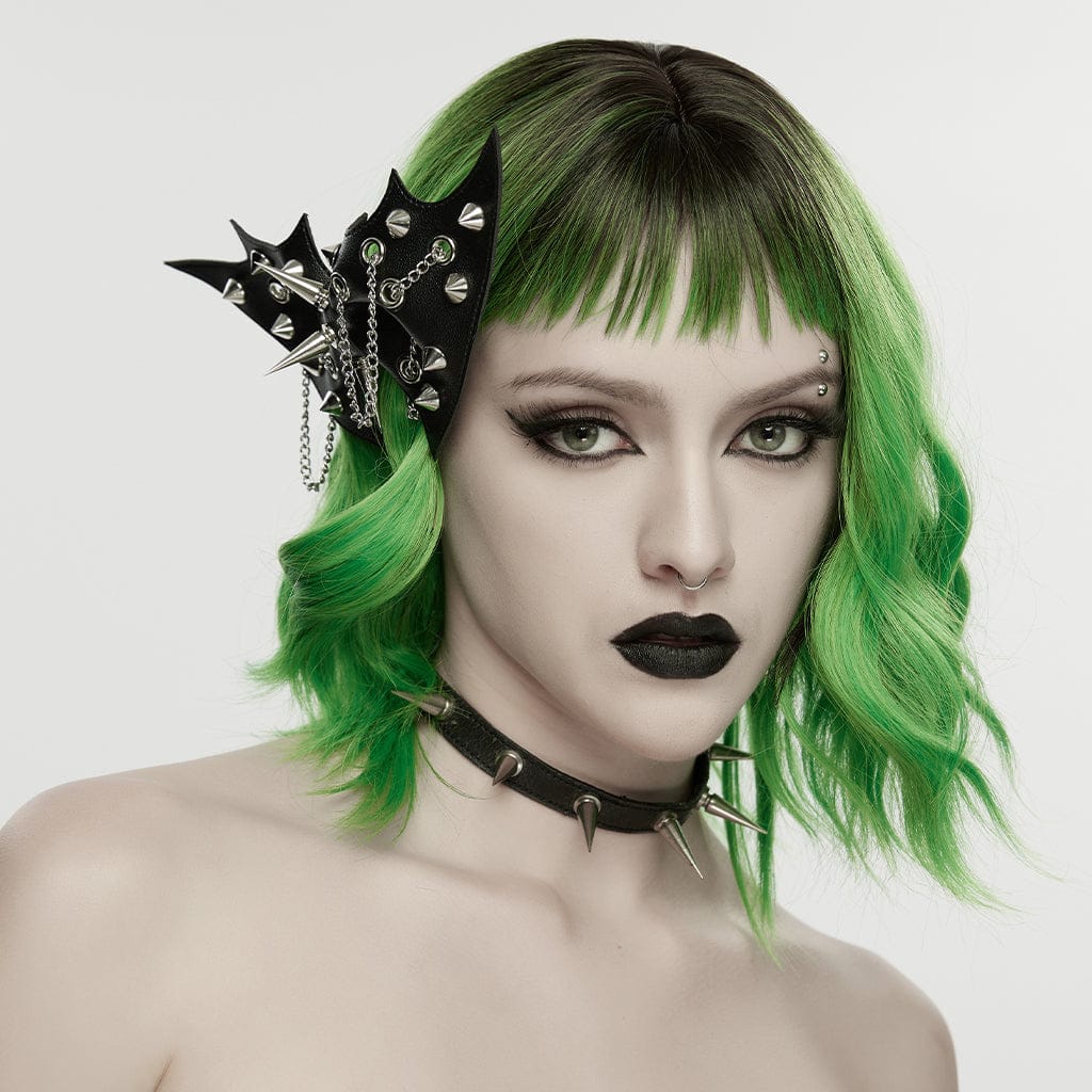 PUNK RAVE Women's Punk Studded Bat Bow Hairpin Black-Silver