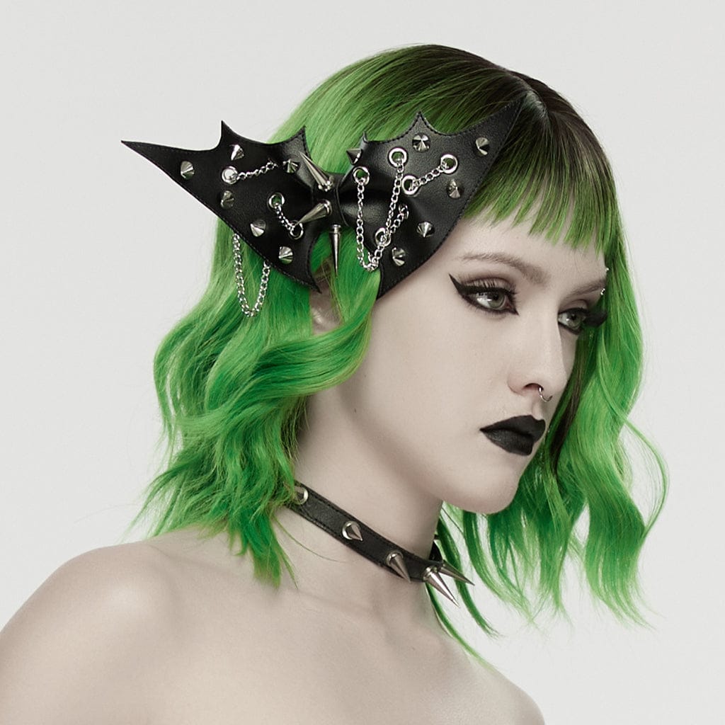 PUNK RAVE Women's Punk Studded Bat Bow Hairpin Black-Silver