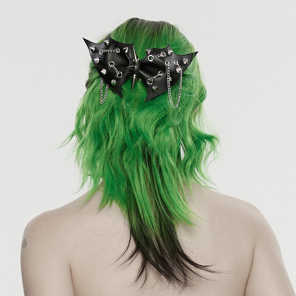 PUNK RAVE Women's Punk Studded Bat Bow Hairpin Black-Silver