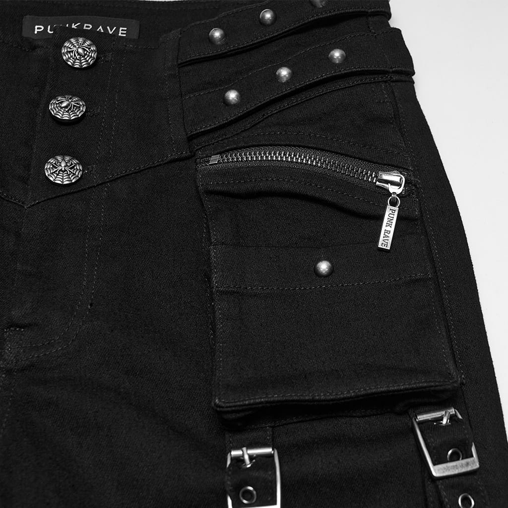 PUNK RAVE Women's Punk Studded Buckle Cargo Pocket Skinny Pants