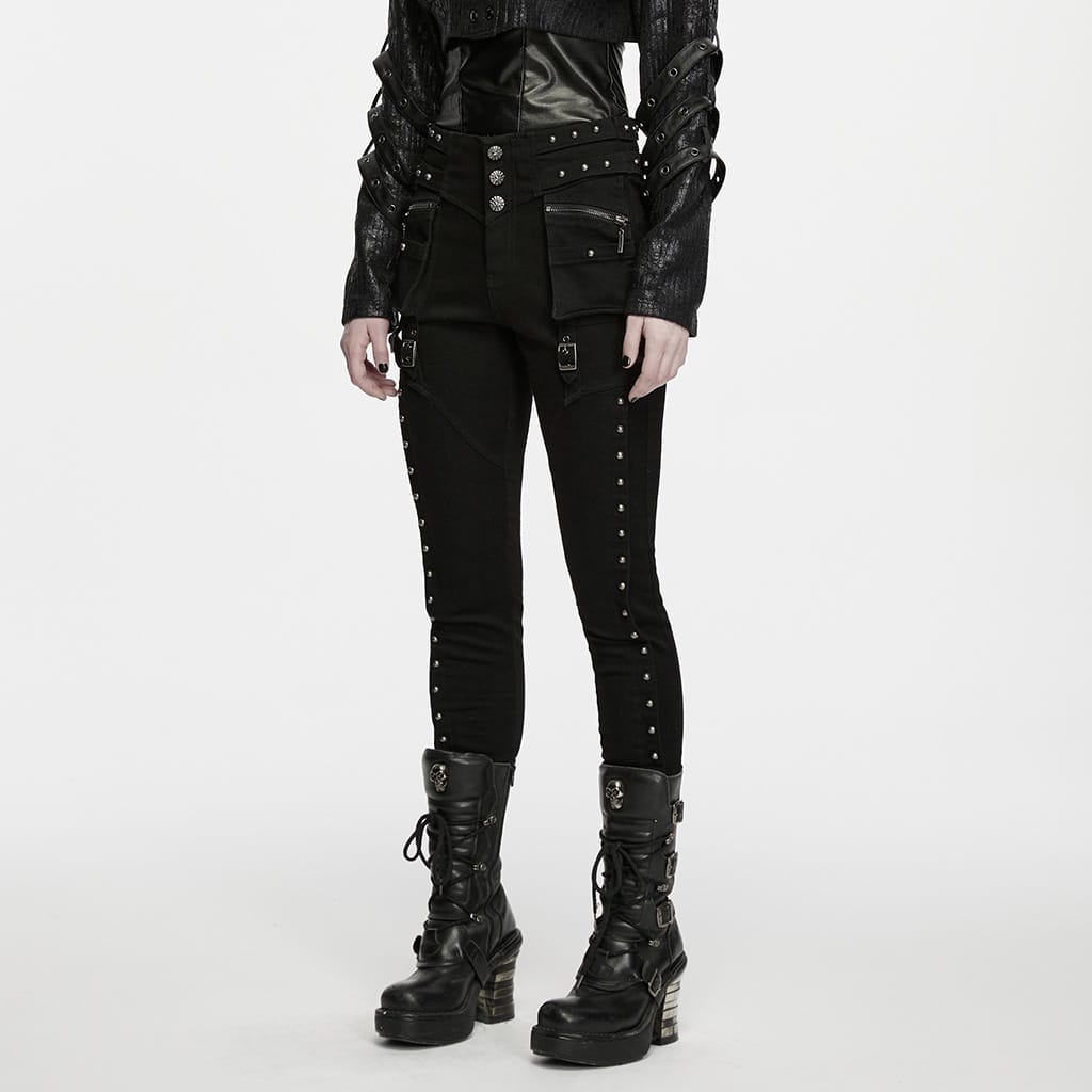 PUNK RAVE Women's Punk Studded Buckle Cargo Pocket Skinny Pants