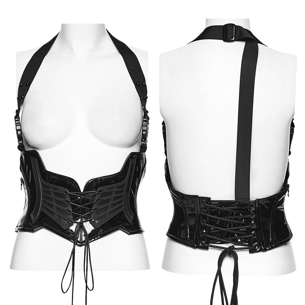 PUNK RAVE Women's Punk Studded Buckle Halter Lace-up Underbust Corset