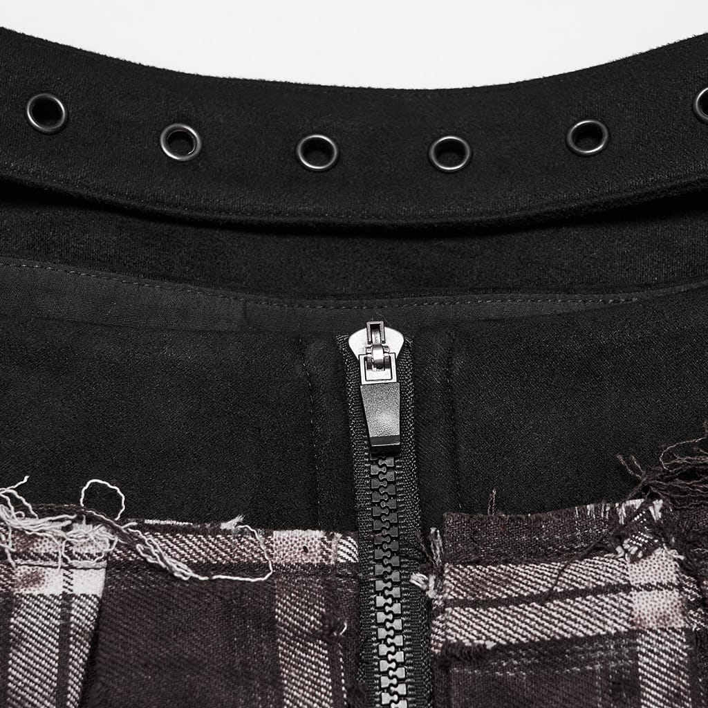 PUNK RAVE Women's Punk Studded Buckle Strap Plaid Pleated Skirt