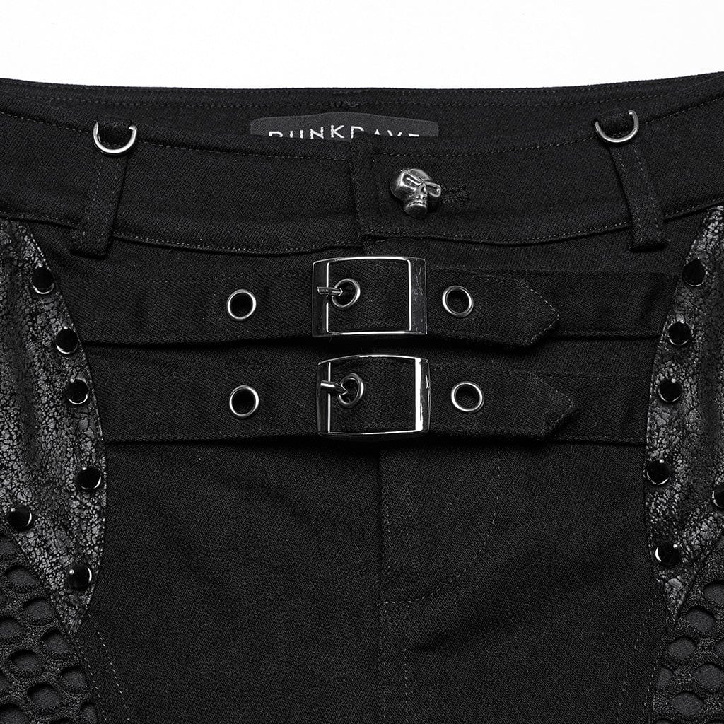 PUNK RAVE Women's Punk Studded Distressed Shorts with Detachable Kilt