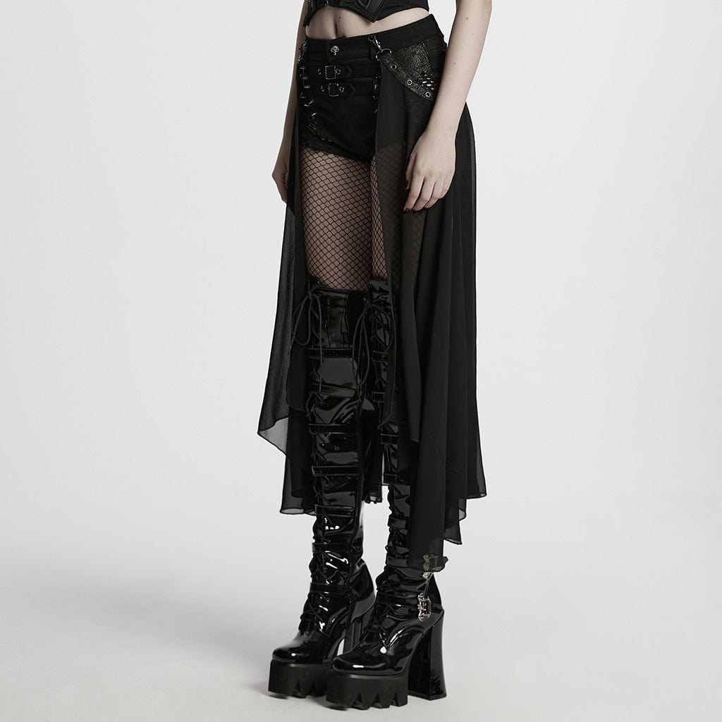 PUNK RAVE Women's Punk Studded Distressed Shorts with Detachable Kilt