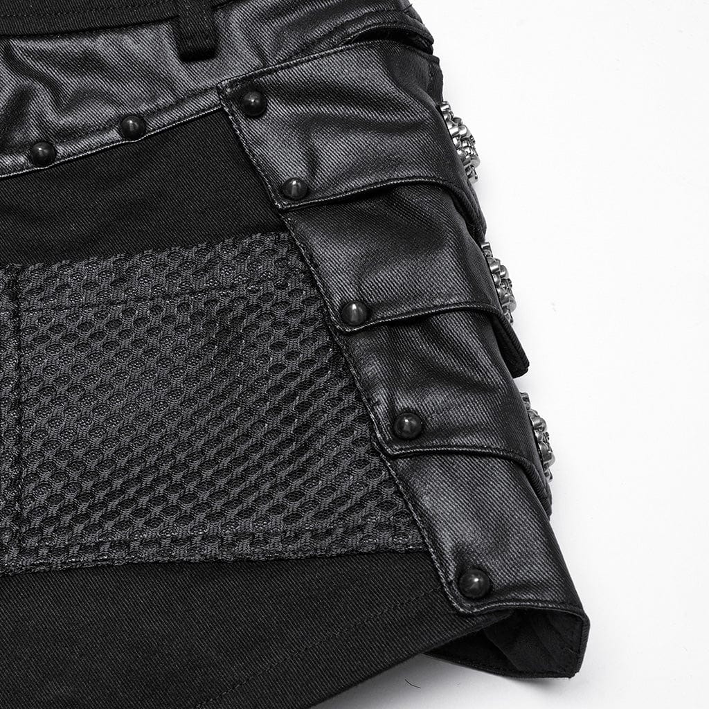 PUNK RAVE Women's Punk Studded Mesh Splice Shorts