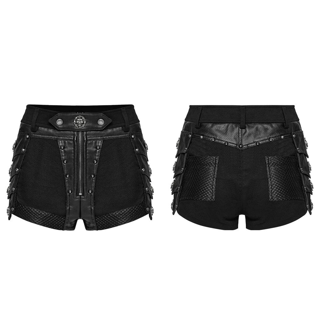 PUNK RAVE Women's Punk Studded Mesh Splice Shorts
