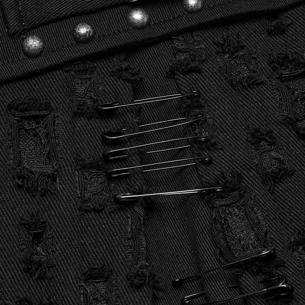 PUNK RAVE Women's Punk Studded Ripped Denim Skirt