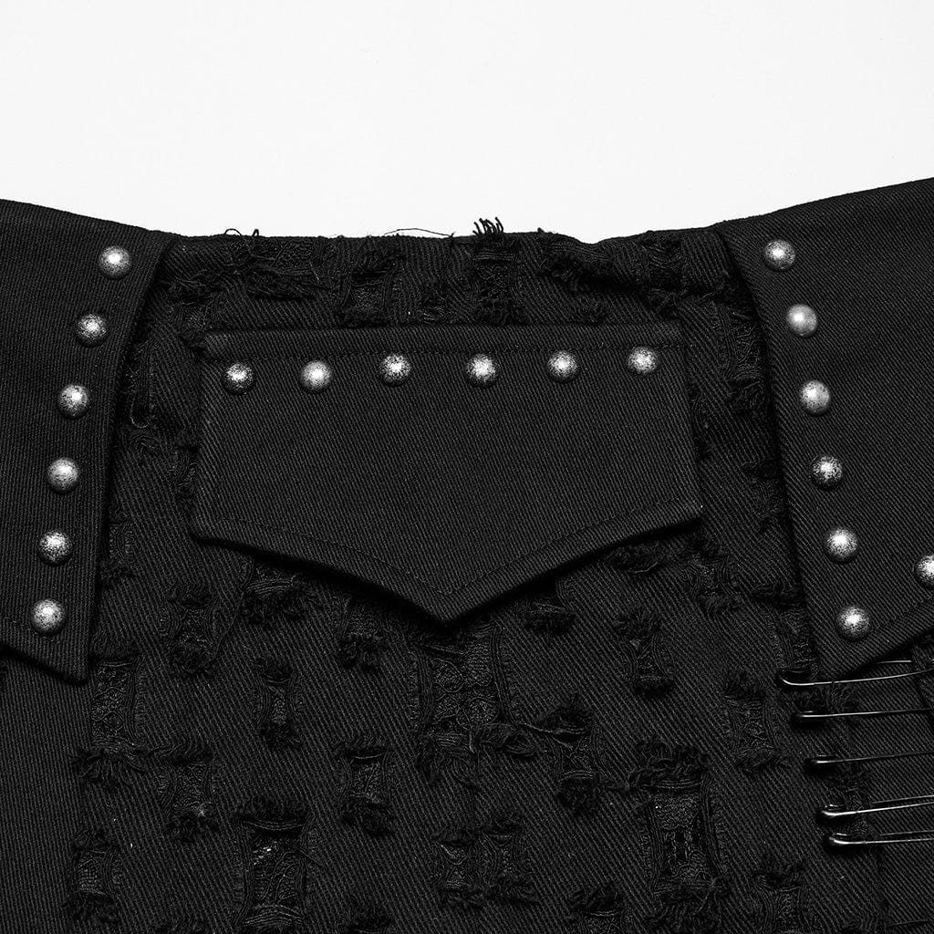 PUNK RAVE Women's Punk Studded Ripped Denim Skirt