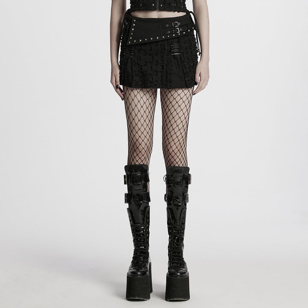 PUNK RAVE Women's Punk Studded Ripped Denim Skirt