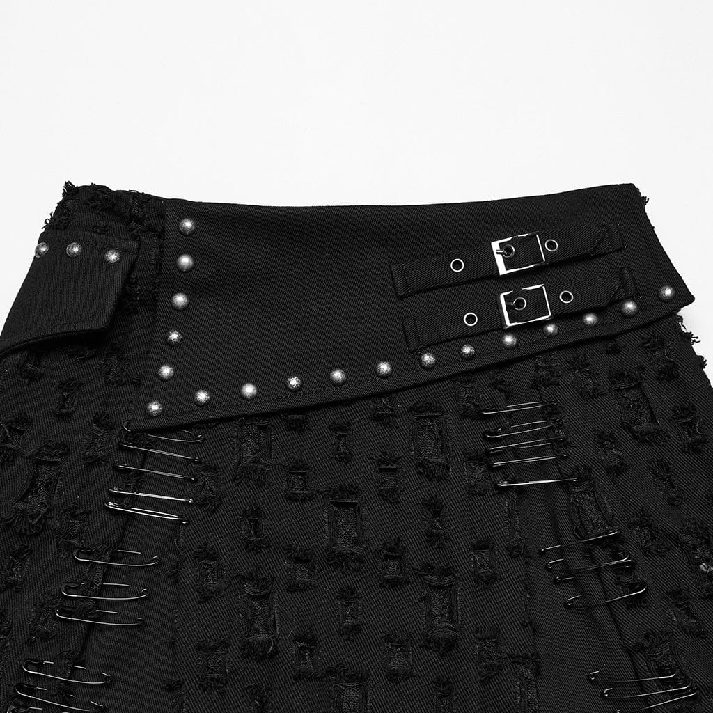 PUNK RAVE Women's Punk Studded Ripped Denim Skirt
