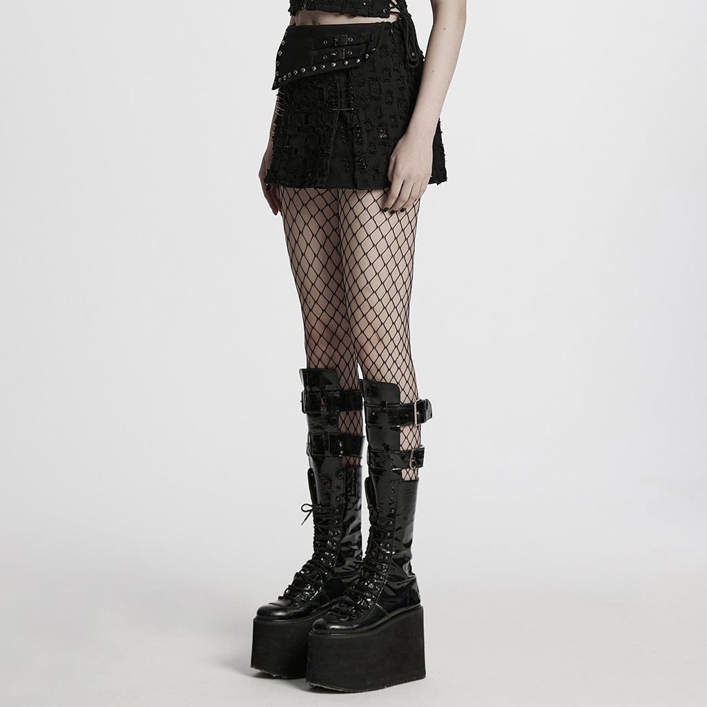 PUNK RAVE Women's Punk Studded Ripped Denim Skirt