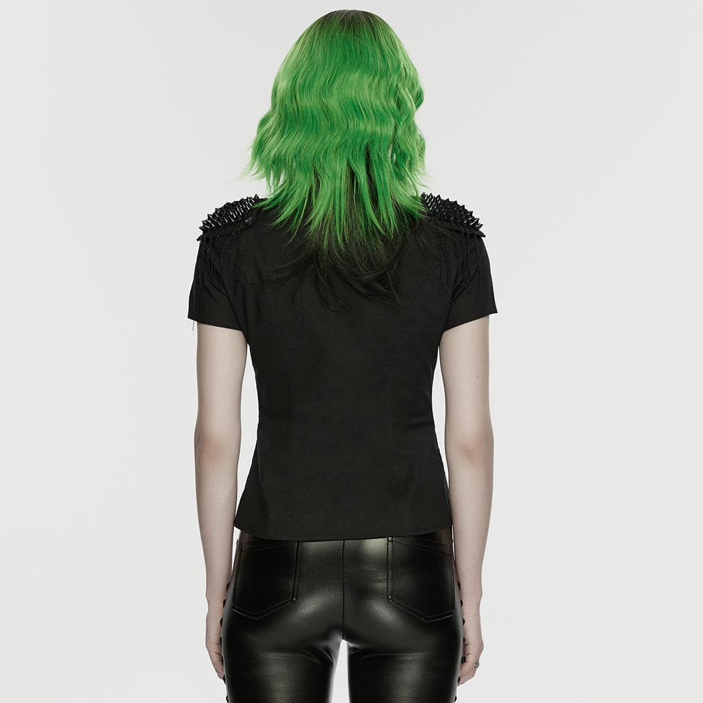 PUNK RAVE Women's Punk Studded Tassels Turn-down Collar Shirt