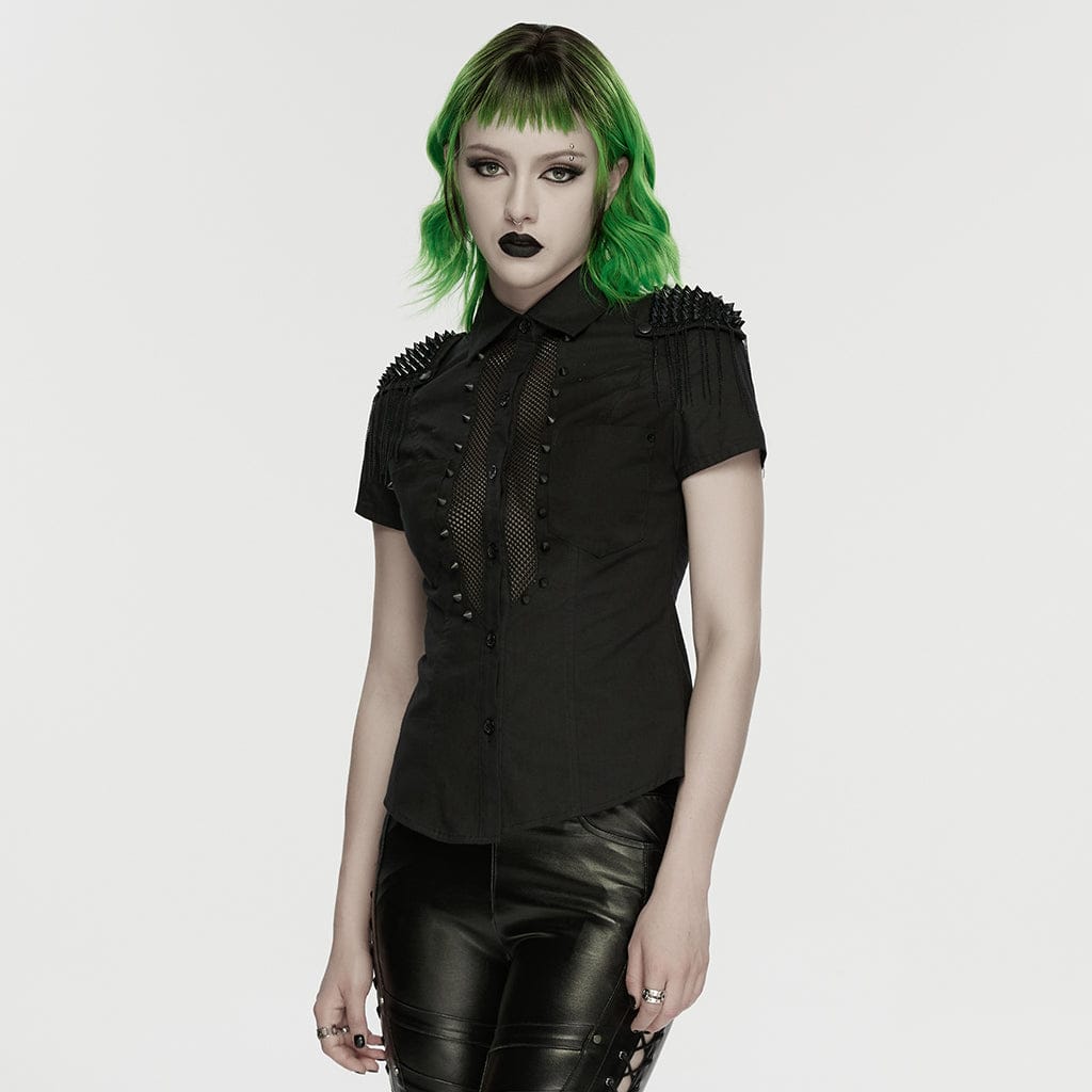 PUNK RAVE Women's Punk Studded Tassels Turn-down Collar Shirt
