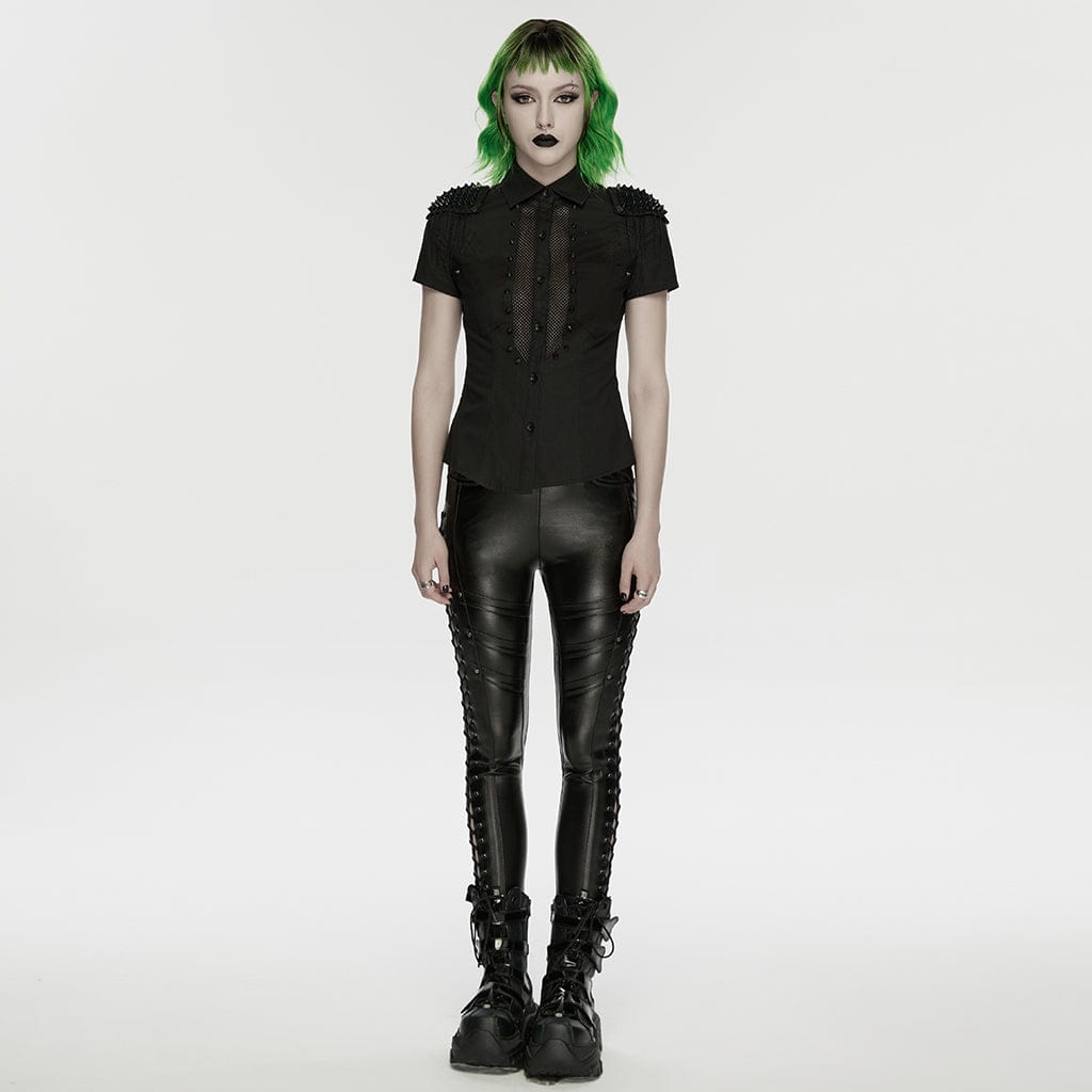 PUNK RAVE Women's Punk Studded Tassels Turn-down Collar Shirt