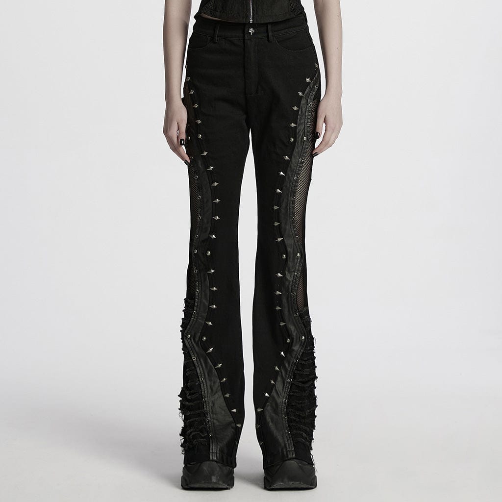 PUNK RAVE Women's Punk Studded Unedged Flared Pants
