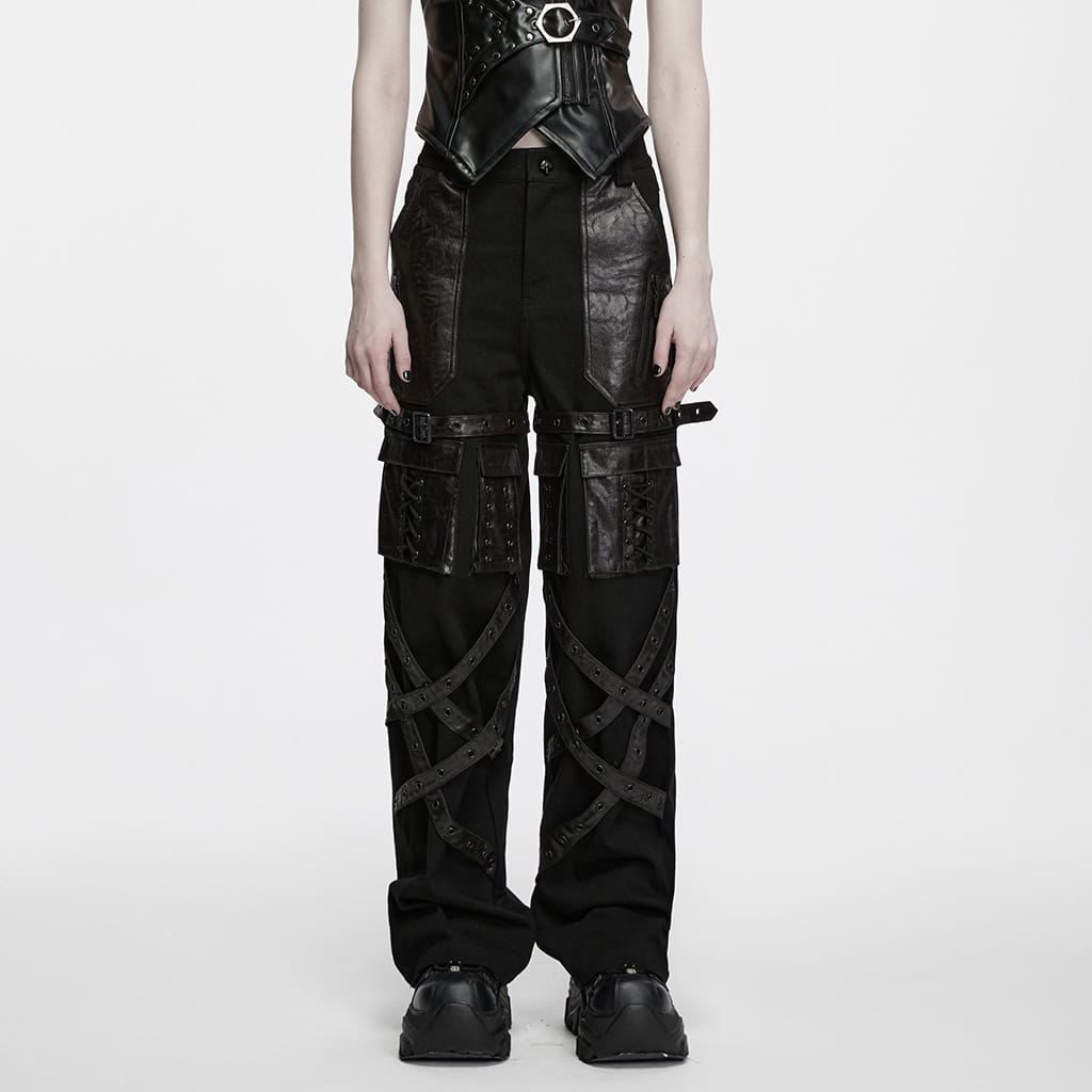 PUNK RAVE Women's Punk Thigh Buckle Crisscross Strap Multi Pocket Straight-leg Pants