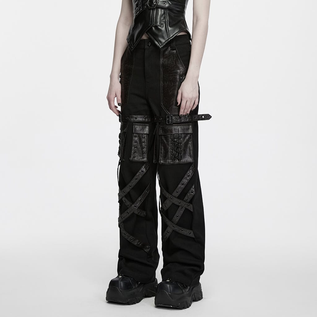PUNK RAVE Women's Punk Thigh Buckle Crisscross Strap Multi Pocket Straight-leg Pants